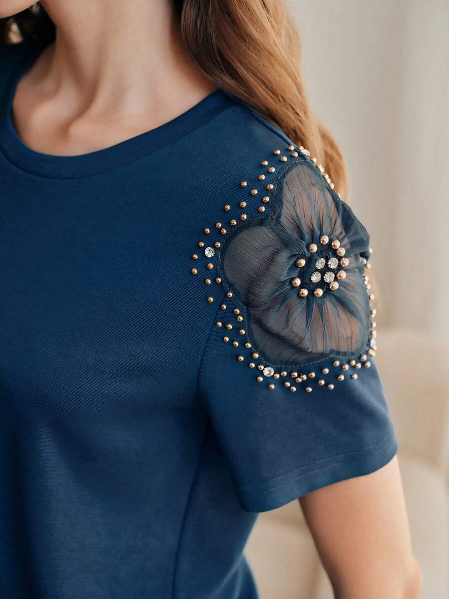 Anewsta Solid Color Round Neck Beaded Mesh Hollow Shoulder Design Short Sleeve Slim Fit Women T-Shirt - Navy Blue - View 1