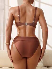Swim DD+ Women Solid Color Spaghetti Strap Gold Decor Triangle Bikini 2 Pieces Swimwear Set - Coffee Brown - View 3