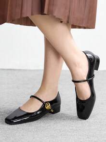 CUCCOO BIZCHIC 女士黑色漆皮简约时尚方头低跟系带玛丽珍鞋，适合职场通勤，优雅成熟风格，百搭办公鞋 - 黑色 - 查看 4