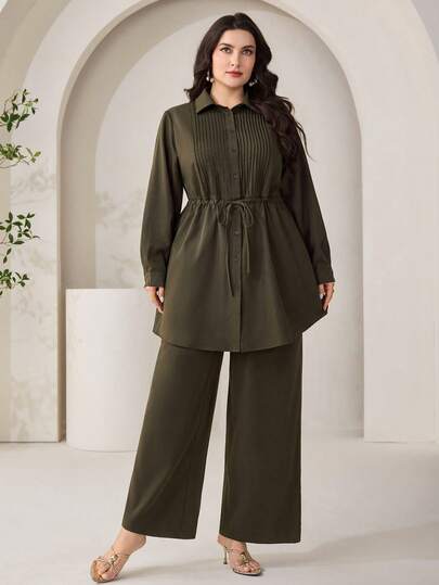 Modelyn Plus Size Solid Color Long Sleeve Top And Long Pants 2 Pieces Set