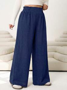 Solflare 2025秋冬新款休闲裤，适合外出、日常休闲、聚会、通勤、返校、约会、居家、生日派对等多种场合。宽松版型，弹性腰带，阔腿裤，米色，大码可选。 - 藏蓝色 - 查看 3