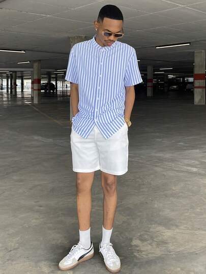 Ngobest Haus Ngobest Haus 2pc Men's Casual Fashion Set: Striped Collar Short Sleeve Shirt With 7-Button Design And Solid Color Soft Fabric Shorts, Cozy Outfits