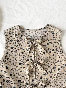 SHEIN 2pcs/Set Tweeb Girl Ditsy Floral Sleeveless Top & Loose Casual Pants Set - Khaki - View 3