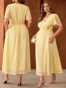 Roveilla Đầm maxi dài tay có lớp lót, chất liệu chiffon mỏng nhẹ, thanh lịch dành cho nữ, thích hợp đi làm, đi nghỉ mát, dự tiệc trà chiều, kiểu dáng lãng mạn, cổ chữ V, eo chéo, đính kim loại, phù hợp cho mùa xuân/hè. - Màu vàng - Xem 8