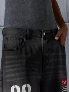 NEON BLANC 男士字母数字印花斜插口袋休闲牛仔裤 - 黑色 - 查看 5