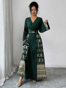 Rafferiza 方领褶裥优雅雪纺长裙，超大方领，长袖，黑金箔印花，优雅浪漫，女士秋冬/春季连衣裙 - 墨綠色 - 查看 5