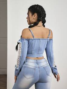 SHEIN PETITE Women's Off-Shoulder Long Sleeve Distressed Denim Short Jacket - Blue - View 2