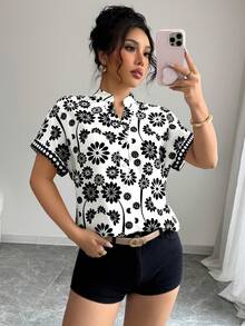 Elenzga Women's Elegant Fashion Casual Comfortable Charming Retro Romantic Holiday Short Sleeve V-Neck Loose Printed Blouse (Random Print) - Black and White - View 1