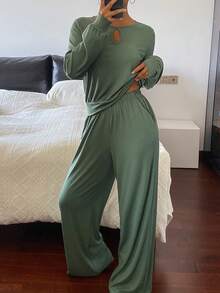 DAZY Minimalist Hollow Collar Knit Women Loungewear Set, Gray-Green - Green - View 6