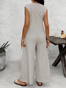 SHEIN Pregnant Women Striped Nursing Function Casual Everyday Jumpsuit - Khaki - View 2