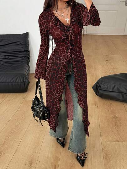 Coolane Women's Summer Rave Outfit Renaissance Fair Hippie Music Festival  Boho Vintage Western Wear Gyaru Leopard  Mesh Straps Ruffle Ribbon Long Red Coat /Cover Up