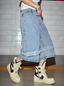 ROMWE MEN Grunge Punk Men's Partial Strap Decorative Denim Shorts - Blue - View 4