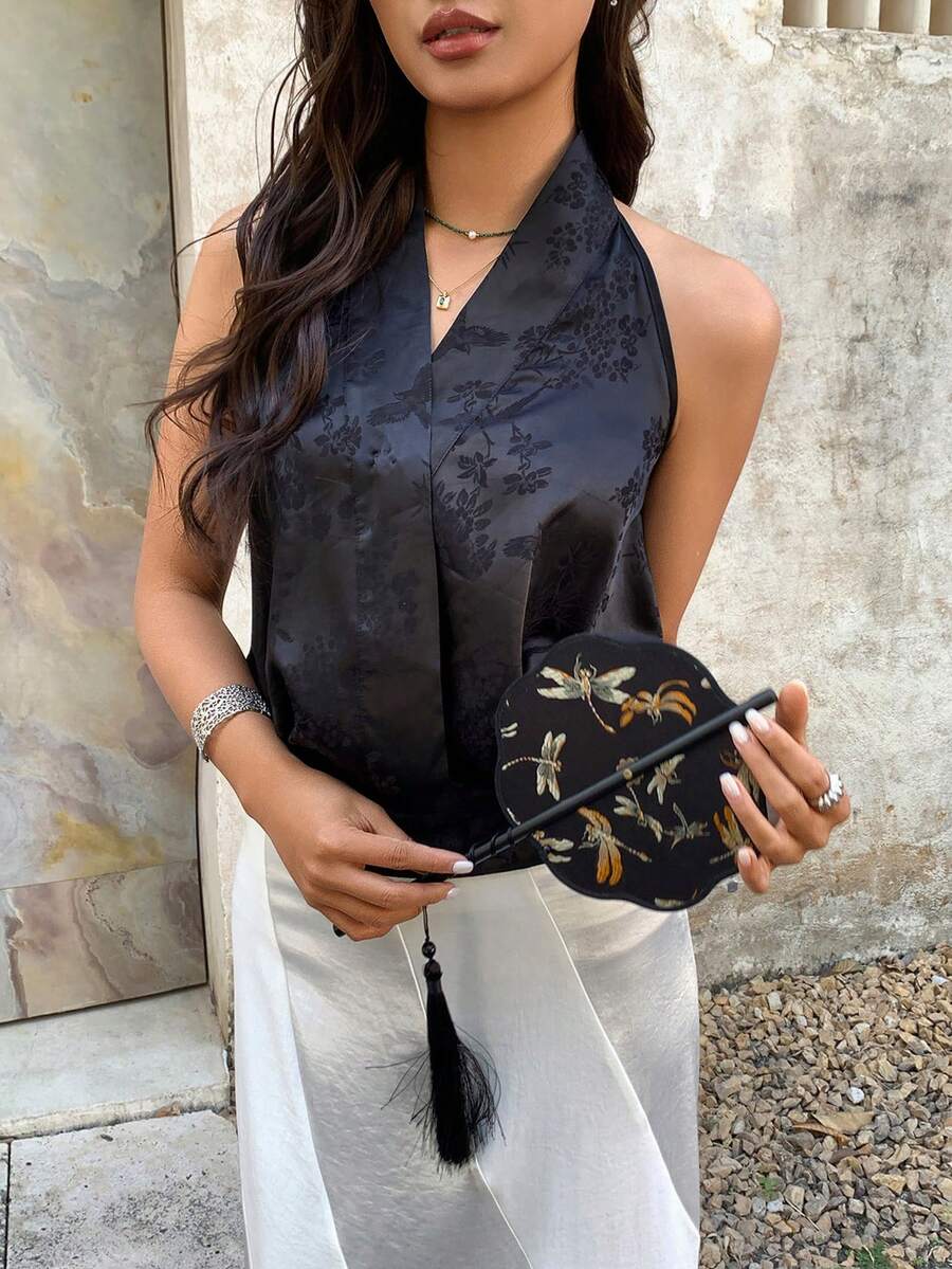 EastFlair 女士时尚新款中国风露背吊带无袖上衣，适合夏季假期、春季女性、度假女性、海滩度假、外出、夏季上衣、沙滩上衣 - 黑色 - 查看 1