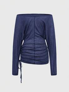 ROMWE Grunge Punk 朋克风交叉铆钉露肩女式长袖T恤 - 藏蓝色 - 查看 2