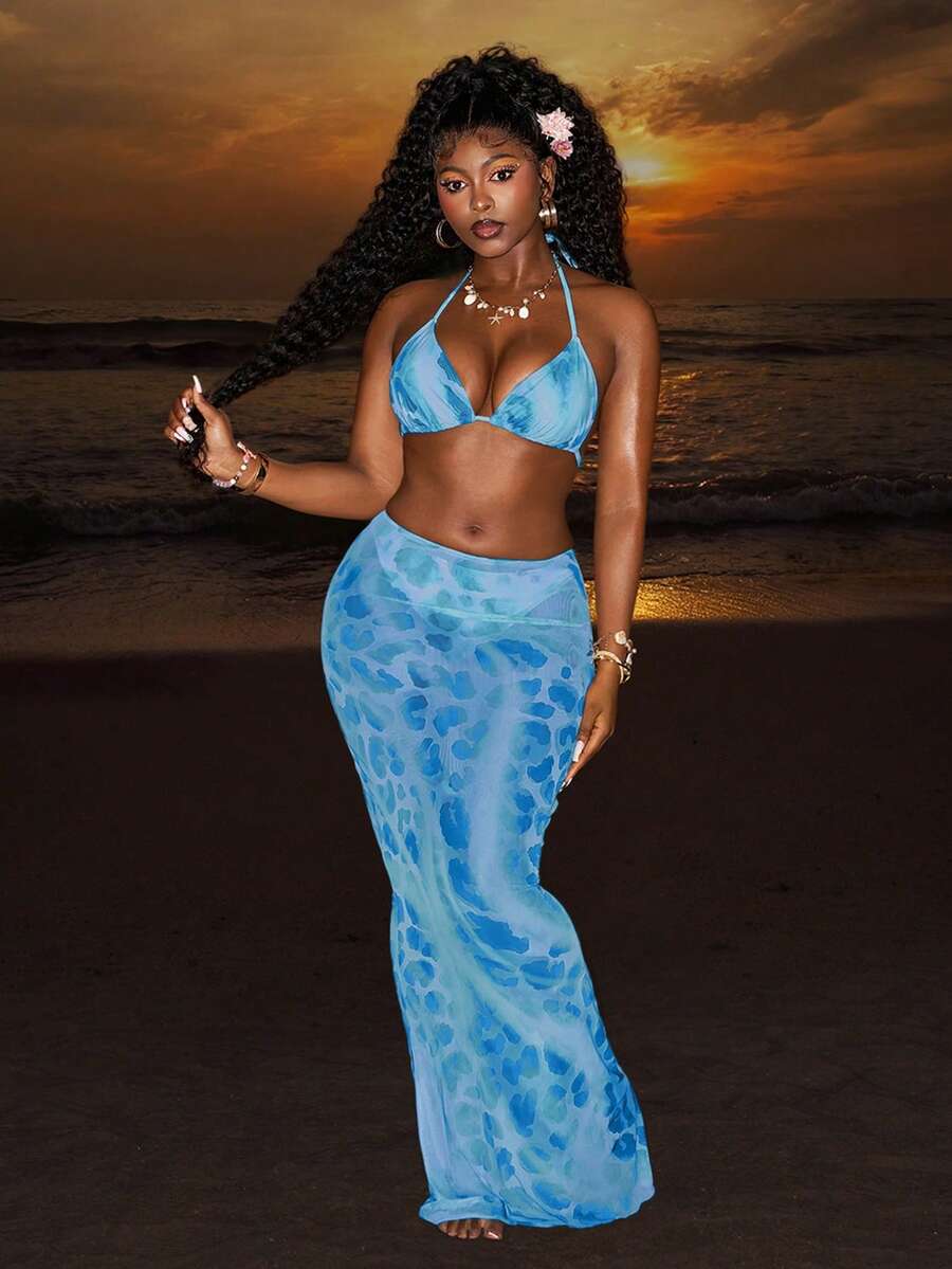 Slaydiva 2025春夏新款优雅浪漫豹纹条纹网纱透视系带露脐上衣搭配紧身长裙泳装套装,适合泳池派对 - 藍色 - 查看 1
