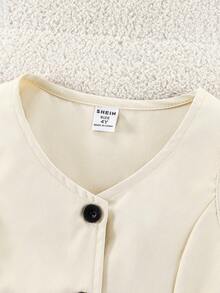 SHEIN Vintaside Kids Set de 2 piezas de camiseta sin mangas beige con lazo decorativo con botones delanteros y pantalones de pierna ancha, conjunto informal adecuado para uso diario, eventos, ocasiones formales, vuelta al colegio - Albaricoque - Ver 5