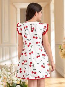 Tween Girl Loose Casual Minimalist Soft & Comfortable Cherry Pattern Round Neck Cap Sleeve Dress - Multicolor - View 4