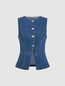 Sweetra 女士时尚休闲优雅百搭牛仔背心、夹克和外套 - 中等水洗藍 - 查看 1