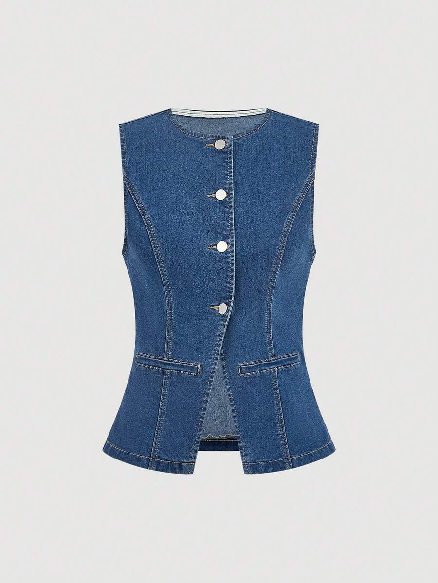 Sweetra 女士时尚休闲优雅百搭牛仔背心、夹克和外套 - 中等水洗藍 - 查看 1