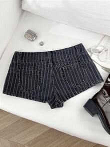 Elamini Pantalones cortos de mezclilla casual con lavado, bolsillos y rayas de cintura baja - Gris - Ver 2