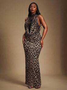 Radiana Women's Multicolor Plus Size Leopard Print Sleeveless Knitted Fabric Bodycon Maxi Dress With Stand Collar - Multicolor - View 3