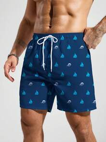 Manfinity Swimmode Pantalones cortos de playa con cordón en la cintura y estampado de barcos de vela para hombres en verano - Azul Marino - Ver 4