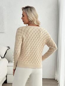 Louniche Damen Locker Lässig Diamant Jacquard Strukturierter Langarm Pullover, Einfarbig, Frühling/Sommer - Aprikosenfarben - Übersicht 2