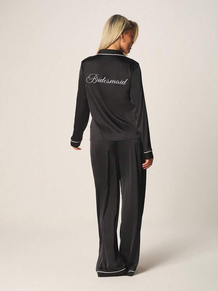 MISSGUIDED Satin Brautjungfer Pyjama Set mit langem Ärmel Knopfoberteil und weiter Hose, Nachtwäsche und Loungewear