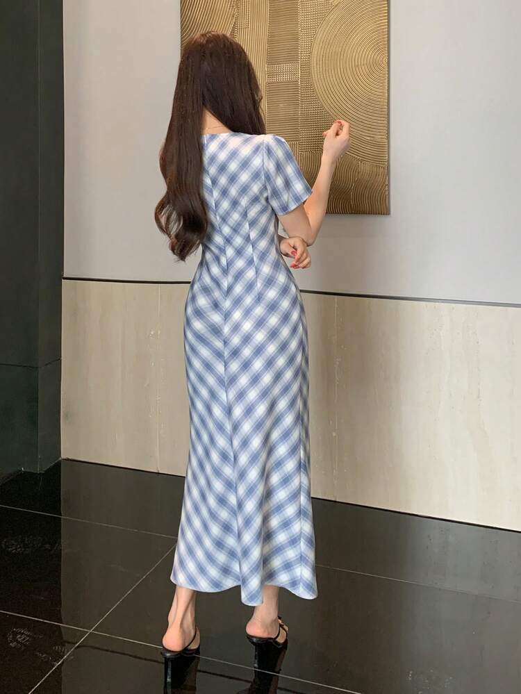 Women's Elegant V-Neck Tie Waist Mid-Length Dress, Summer Wedding Guest Dress Sundress