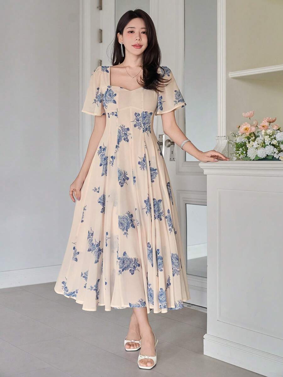 DAZY Women's Elegant Floral Print Square Neck Ruffle Sleeve Midi Dress, Summer Wedding Guest Dress - Blue - View 1