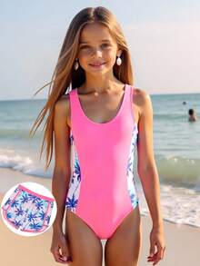 两件套女童热带花卉印花泳衣套装，含沙滩短裤，适合夏季、冲浪、海滩、度假、游泳池等场合。 - 彩色 - 查看 1