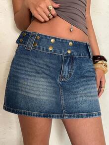Aloruh Women's Casual Versatile Everyday Rivet Denim Mini Skirt - Blue - View 6
