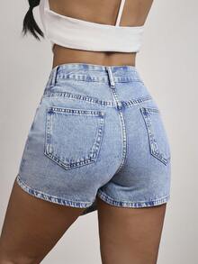 SHEIN PETITE Women's Embroidered Minimalist Casual Denim Shorts - Blue - View 2