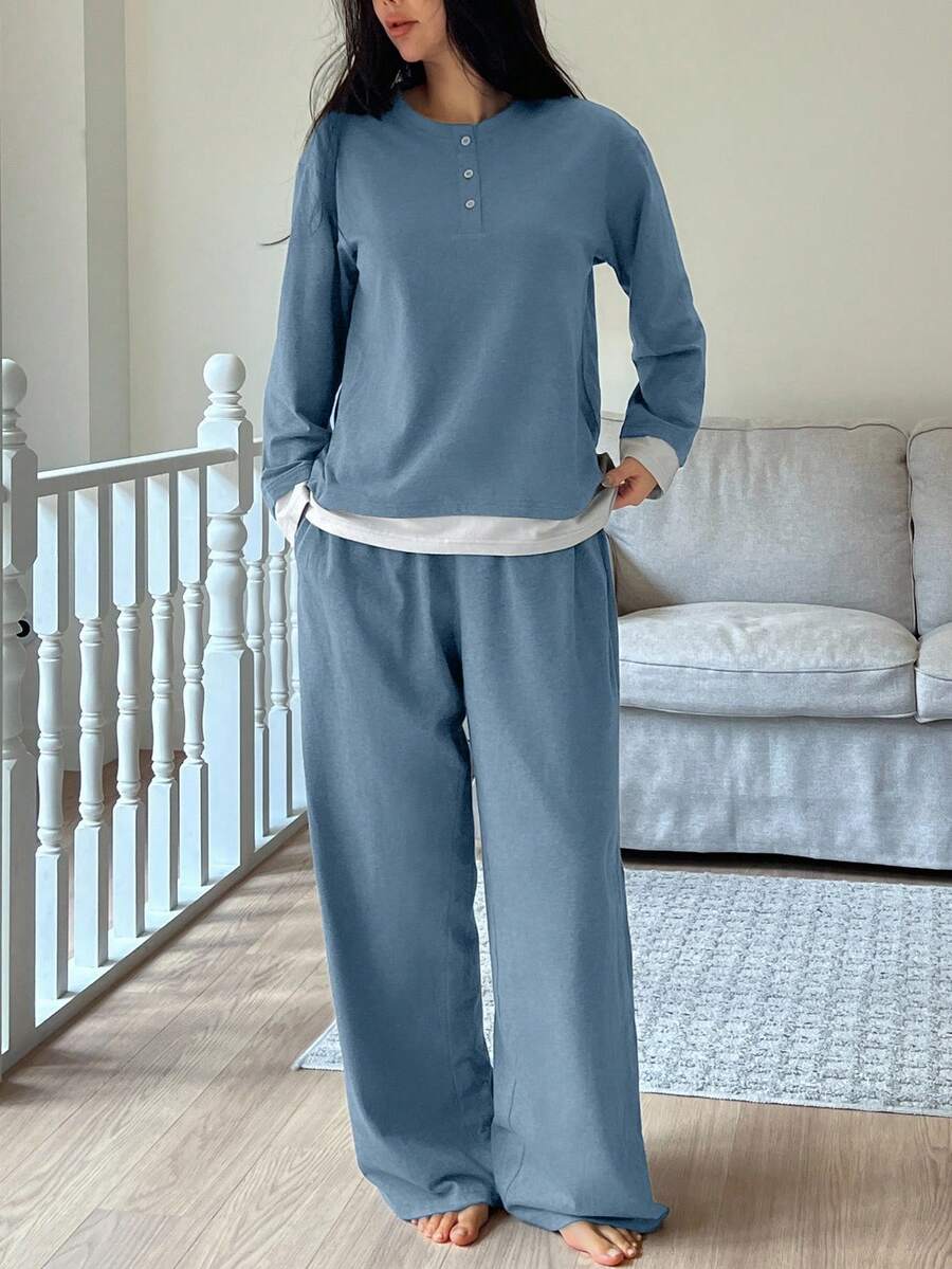 DAZY 2pcs/Set Women Casual Contrast Color Patchwork Knit Long Sleeve T-Shirt And Straight Leg Pants Loungewear Set, Spring - Baby Blue - View 1