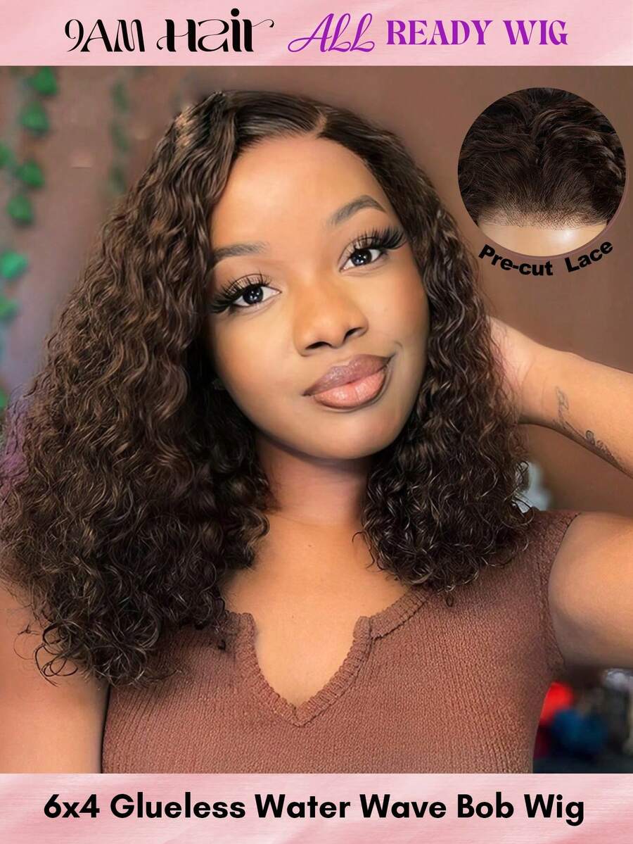 ALL READY WIG Pre-Cut Melting Lace 6x4 Glueless Lace Front Wig 100% Human Hair Brown Water Wave 14 Inch Bob Wig Wear & Go Pre Plucked 9AM HAIR - S4 - View 1