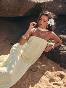 Opulessa 女士纯色褶皱连衣裙，海滩度假 - 黃色 - 查看 5