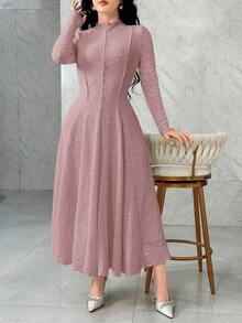 Feyla 女士纯色纹理长袖连衣裙 - 藕粉色 - 查看 5