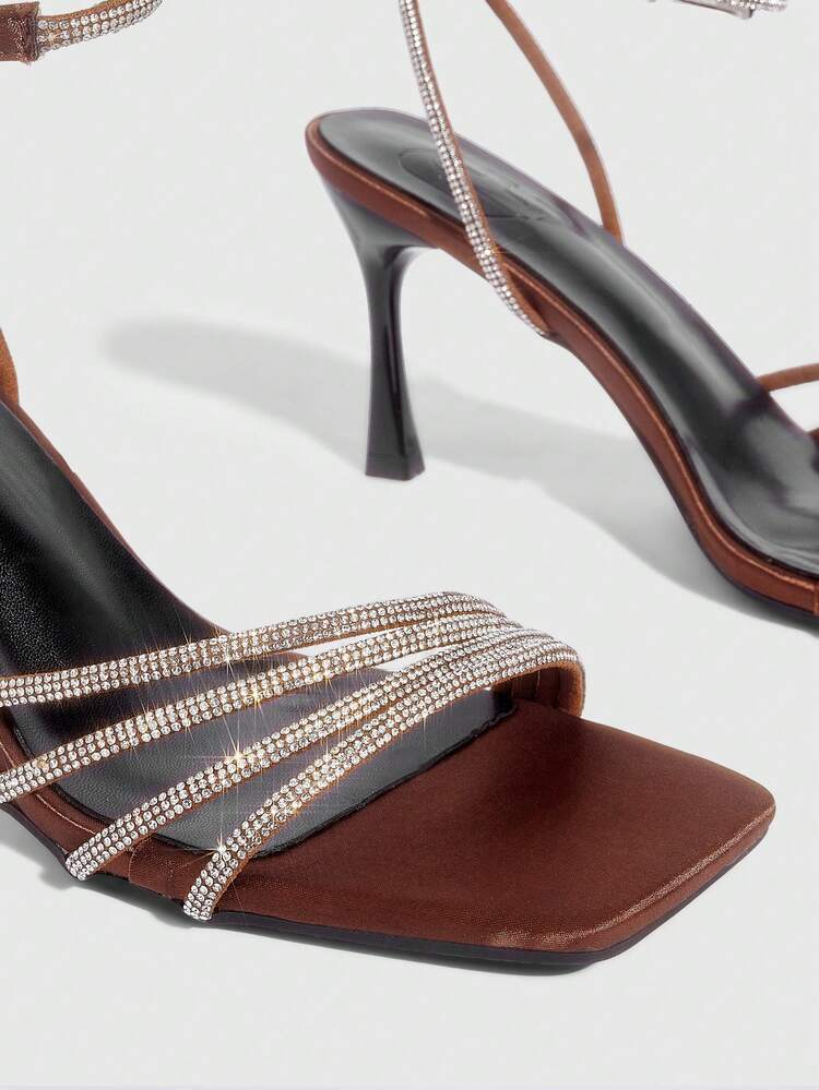 CUCCOO SZL Women Shoes Summer New Multiple Rhinestone Straps Design Square Toe Thin Heel High Heel Sexy Elegant Elegant Fashion Women's High Heel Sandals Foot Ring Diamond With Open Toe Heel Shoes Dress Shoes Sexy Dating Afternoon Tea Party Dinner Wedding Party Wear Prom Heels
