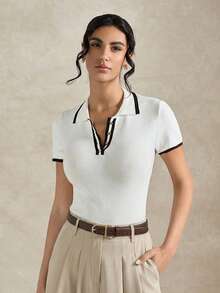 Briarwyn Women's Contrast Trim Half-Zip Casual Short Sleeve Knit Top - White - View 8