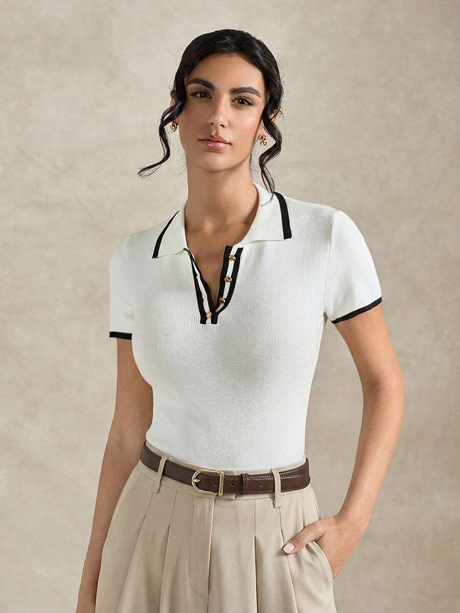 Briarwyn 女士撞色滚边半拉链休闲短袖针织上衣 - 白色 - 查看 1