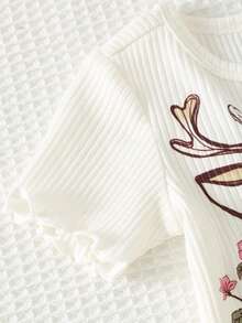 Cozy Pixies 2件套女婴卡通动物印花针织柔软圆领短袖上衣和松紧腰裤套装 - 白色 - 查看 5