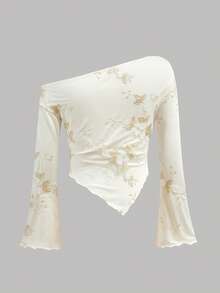 SHEIN Tween Girls' Casual Oblique Shoulder Long Sleeve Top - White - View 5