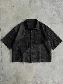 AXEPEAK Men's Casual Street Style Frayed Edge Button Front Short Sleeve Shirt, Summer - Black - View 3