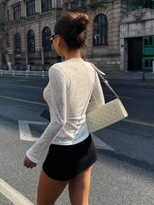 DAZY Stylish Round Neck Long Sleeve Lace Jacquard Loose Cropped Cardigan Blouse For Women - Beige - View 6