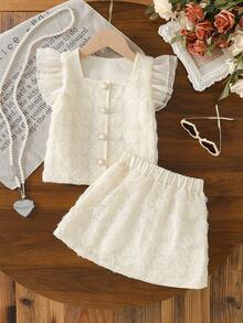 SHEIN Elladie kids Garden Girls 韩版时尚套装，碎花短袖上衣+半裙两件套，可爱甜美，适合夏季 - 白色 - 查看 3