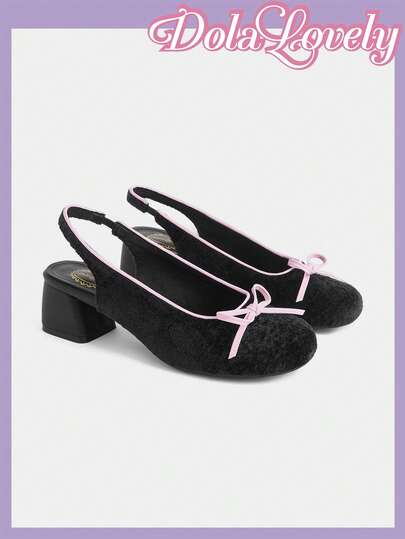 Dola Lovely Ladies Black Flour Edge Plush Bow Back Strap Low Heels, Lolita Wears Versatile High Heels Valentine's Day Fairycore