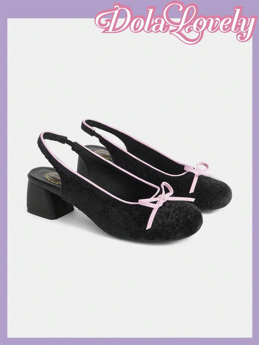 Dola Lovely Ladies Black Flour Edge Plush Square Head Bow Back Strap Low Heels, Lolita Wears Versatile High Heels - Graphite Black - View 1