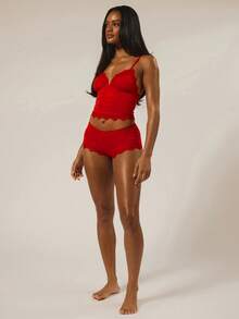 MUSERA ESSENTIALS Triangle Bust Lace Trim Adjustable Strap Cami Top And Fitted Boxer Boyshort Multipack Set Autumn Winter Fall Underwear Everyday Cosy Lounge Essential Valentines Day Spring Summer Vacation Holiday - Red - View 5