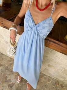 MainGRL 春夏度假风青春活力扎染浅蓝色拼接A字中长连衣裙，带口袋 - 藍色 - 查看 5