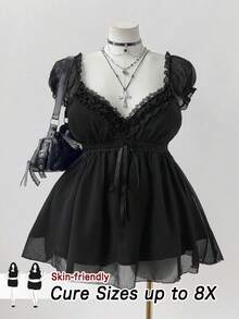 SHEIN CURVE+ Áo kiểu nữ cỡ lớn cổ tim viền ren phong cách lễ hội Coachella - màu đen - Xem 1